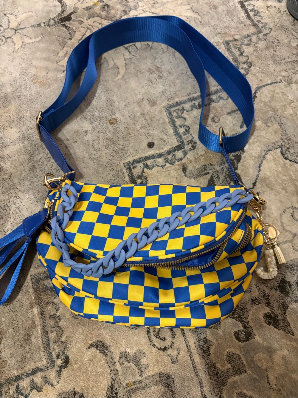 Emmafy Royal Blue & Yellow Checkered Crossbody Bum Bag- w/ J and blue chain